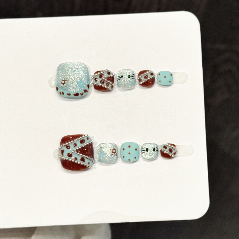 Yihe【Brown and Blue Cat Fun】Cat Polka Dot Nail Stickers Soft and Cute Girly Style Purely Handmade Wearable Nails