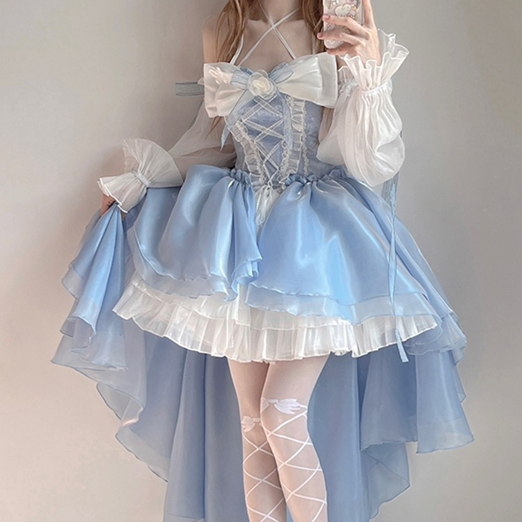 蓝色lolita连衣裙洋装设计前短后长花嫁重工大蝴蝶结拖尾公主裙子|undefined