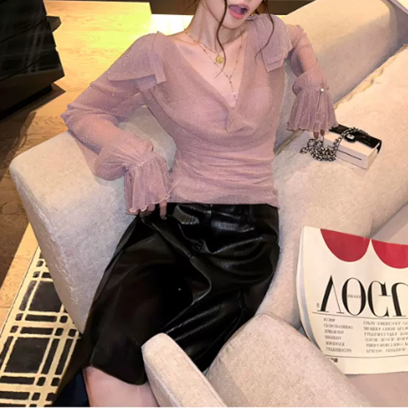 2025新款甜美肌理感荡领长袖罩衫t恤女早秋内搭抹胸上衣两件套 潮