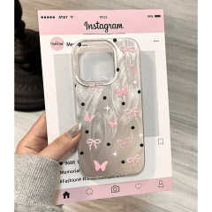 少女粉蝴蝶结适用于苹果17/iPhone13羽纱壳12pro高级/11puls/简约