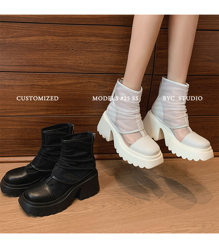 Boot lưới nữ cao gót 8cm đế dày phong cách Martin — Màu đen, Màu trắng chi tiết 26