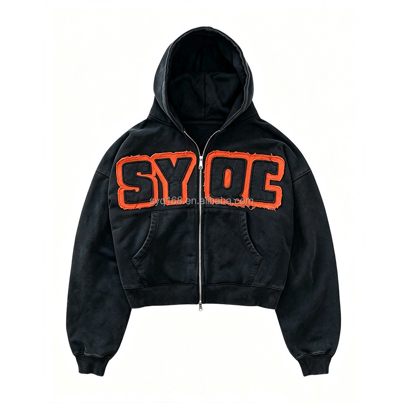 Customized vintage distressed hoodie, heavy-duty zip-up hoodie, cropped hoodie, men's wholesale streetwear