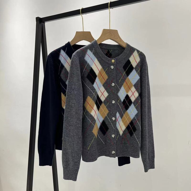 Scottish Argyle Wool Knit Cardigan~Classic Autumn/Winter British Academy Style Round-Neck Sweater Jacket