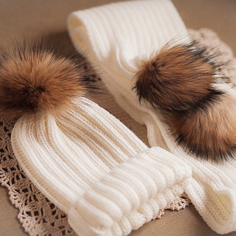 새로운 겨울 모자 스카프 어린이 세트 가죽 너구리 모피 공 따뜻한 두꺼운  소녀 울 캡