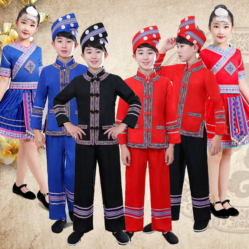 Костюмы для меньшинств Дети Мяо 3 марта Чжуан И Донг Яо Костюмы для танцев для мальчиков и девочек