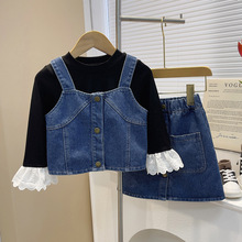 2025韩版女童单排扣吊带牛仔短裙套装春秋时尚儿童打底衫两件套潮