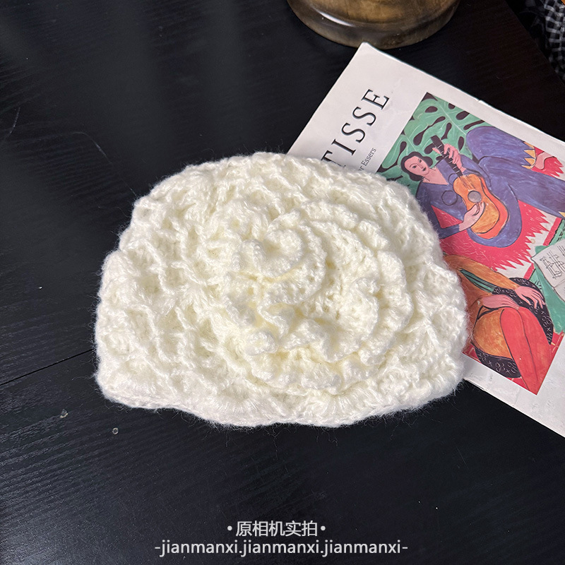 立体花朵镂空包头帽子女秋冬手工钩花立体针织帽优雅时尚单品百搭|undefined