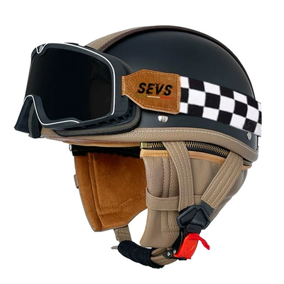 Electric Vehicle Light Scoop Helmet Adult, Motosiklet kaskı (dəbilqə) - matte-black-coffee-leather-mig-large-frame-goggles-s