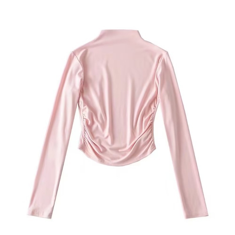 turtleneck long sleeves curved hem pleated solid color slim fit crop top NSXDX135753