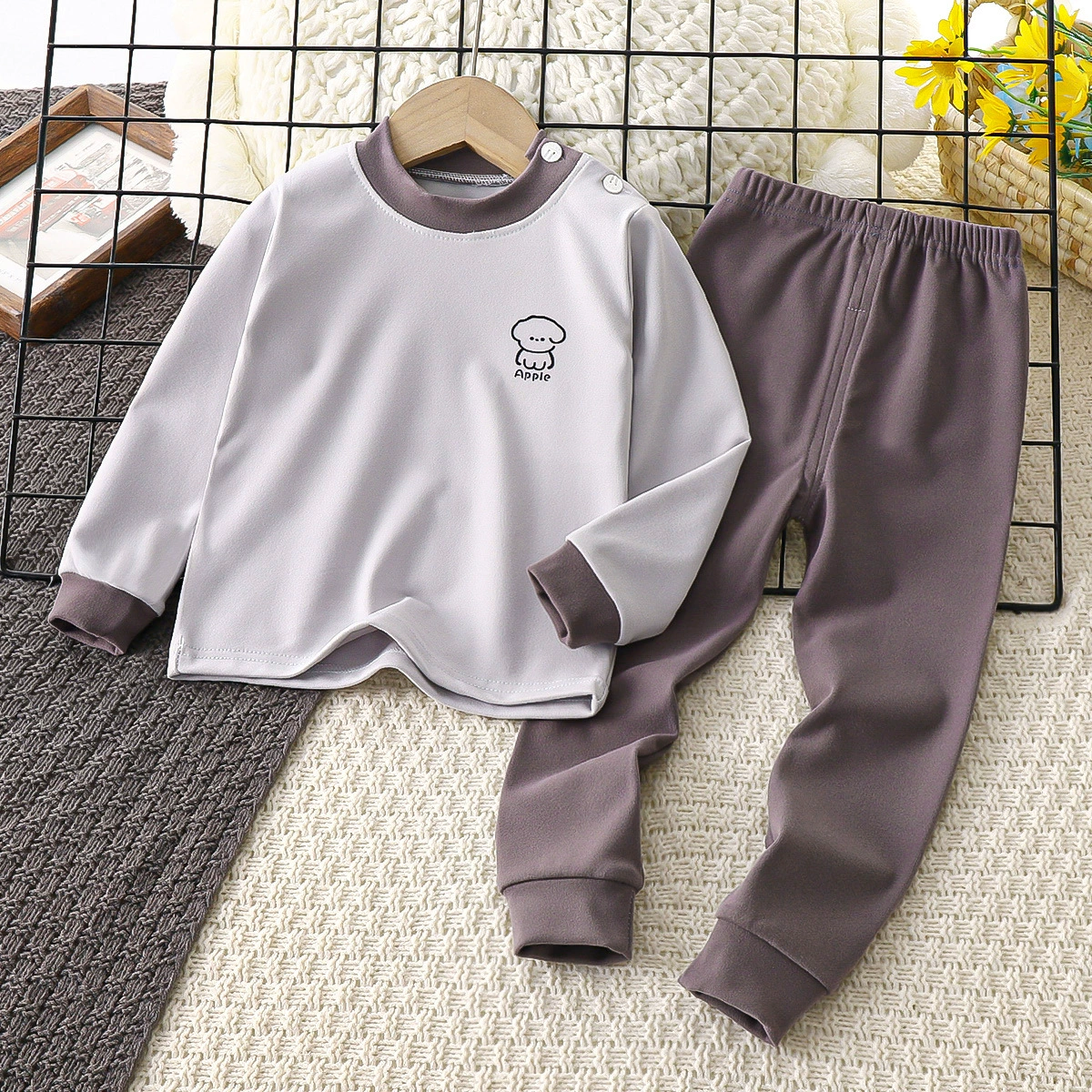 Children's demi-season thermal underwear, keep warm trousers for men and women, colored set, round collar, increased thickness