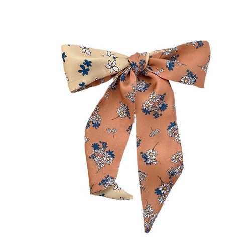 A white-bright coffee color floral silk scarf, long and narrow, small and versatile, suitable for tying a ponytail in a braided style, a floating hairband.