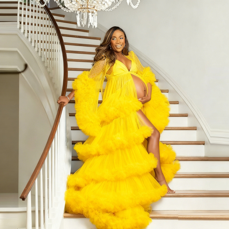 Cross-Border Foreign Trade Hot-Selling New Maternity Mesh Skirt Photo Dress Deep V See-Through Multi-Color Cake Tail Long Bathrobe