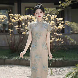 复古温柔国风蓝色2026新款改良旗袍女短袖收腰显瘦气质长款连衣裙