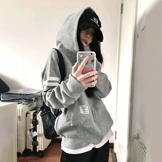 美式复古高街风撞色条纹连帽卫衣女春秋新款百搭宽松灰色开衫外套