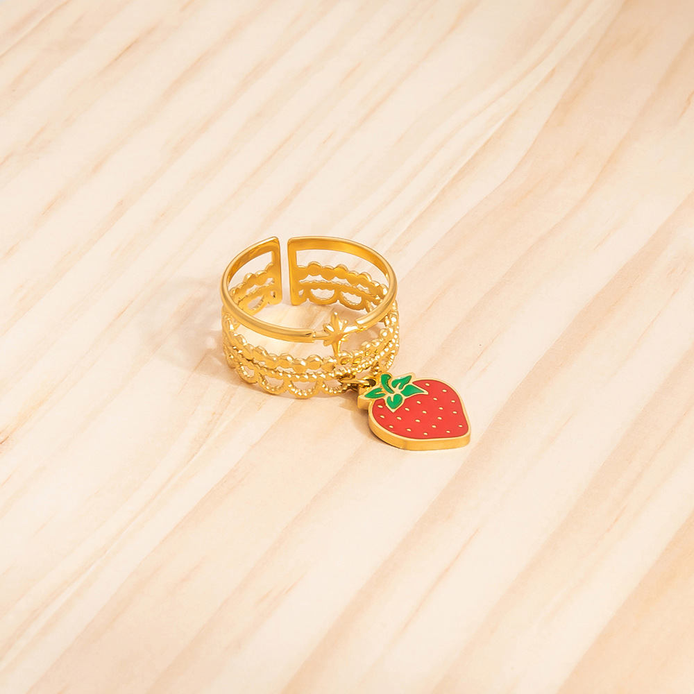 6g Weight Open Rings Classification Adjustable Ring Size 1 Piece Quantity Casual, Daily Occasion 304 Stainless Steel Material Fruit, Heart Shape Pattern Women's Gender Enamel, Plating Design Sweet, Simple Style Style Gold Color Sweet Simple Style Fruit Heart Shape 304 Stainless Steel Enamel Plating Women's Open Rings 7