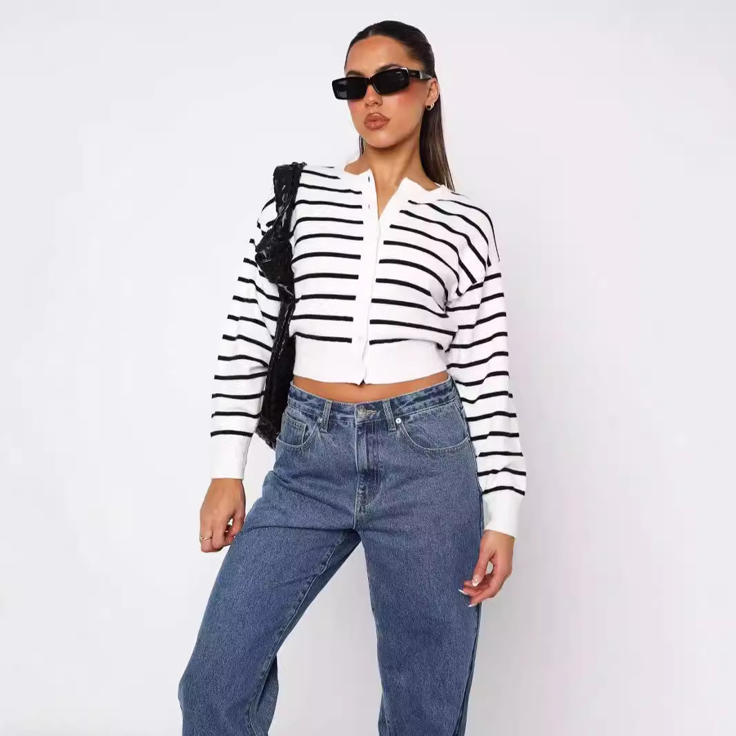 Damenbekleidung gestreifter Rundhals-Strickcardigan modischer Freizeitpullover_voghion.com