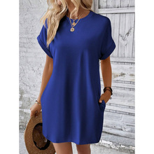 E 27976 Solid loose pocket crew neck dress ��ɫԲ����ɿڴ�