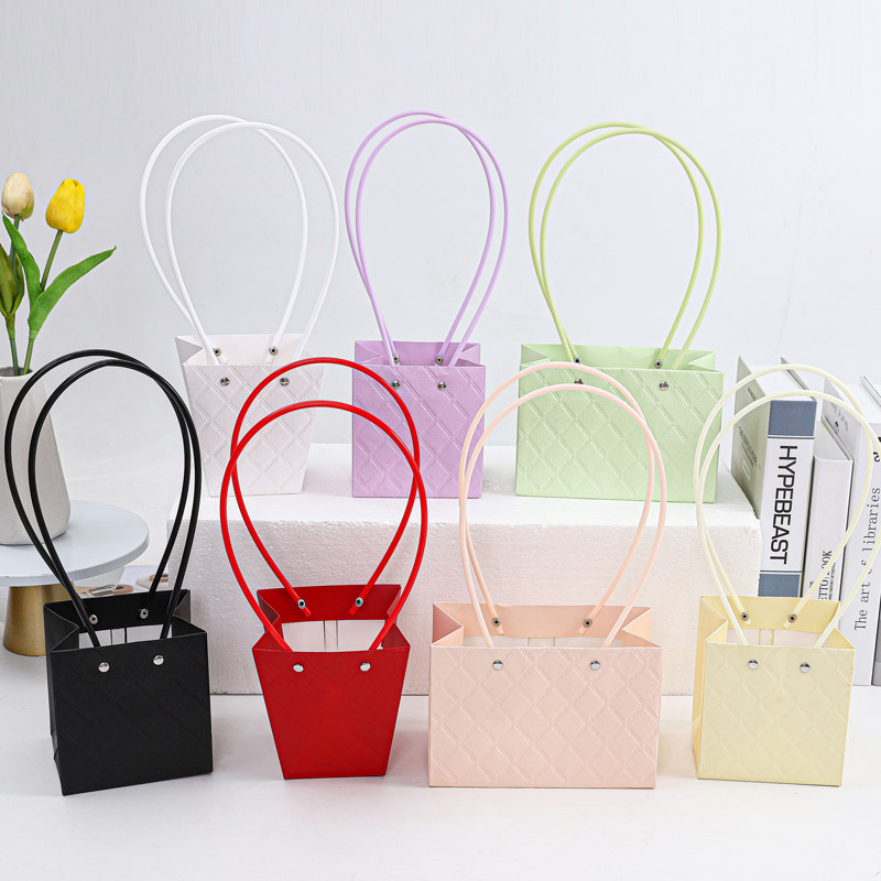 网红多色马卡龙手提袋果冻彩色插花袋立体压纹袋方形梯形礼物袋批