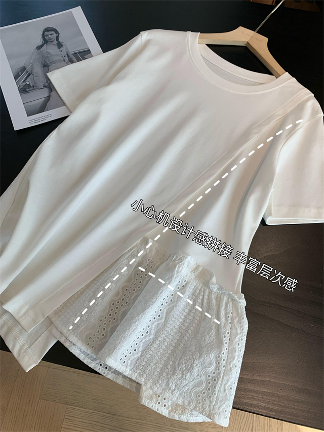 Design sense: Unconventional irregular hollowed-out embroidery patchwork hem, loose short-sleeved T-shirt for women, Spring/Summer 2025 G032206 pic 6