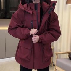 韩版拉链简约抽绳冲锋衣收腰显瘦连帽风衣女中长款宽松工装外套潮