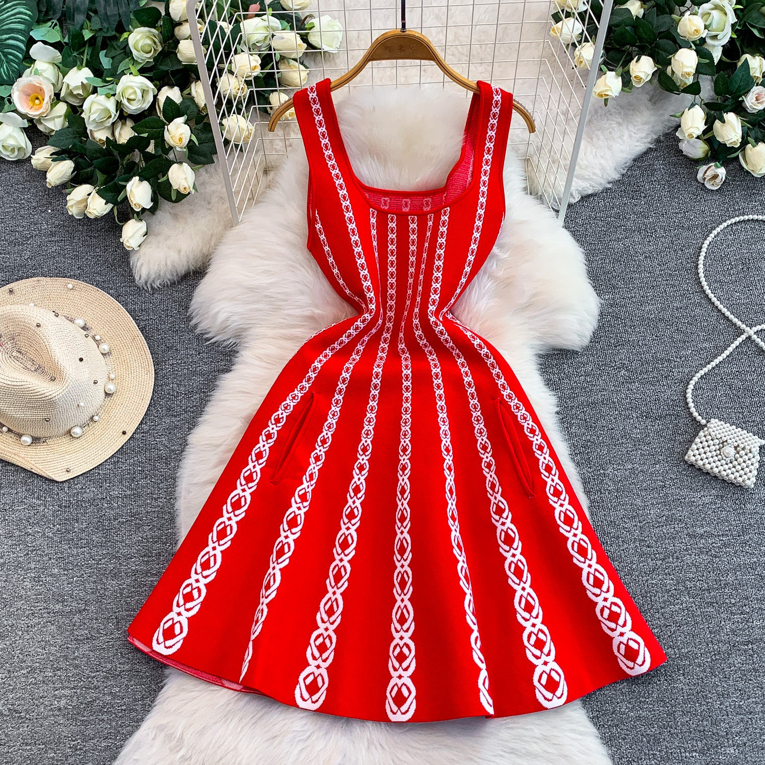Luxury Petite Embroidered Knit Dress for Women Elegant Slimming A-Line Slip Summer Style Striped Charm_ecoleips.com