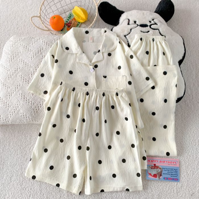 Volumen de carrera transfronterizo verano nuevo pijama amor de las mujeres pantalones cortos largos de manga corta traje de tres piezas de algodón nube ropa de hogar se puede usar afuera