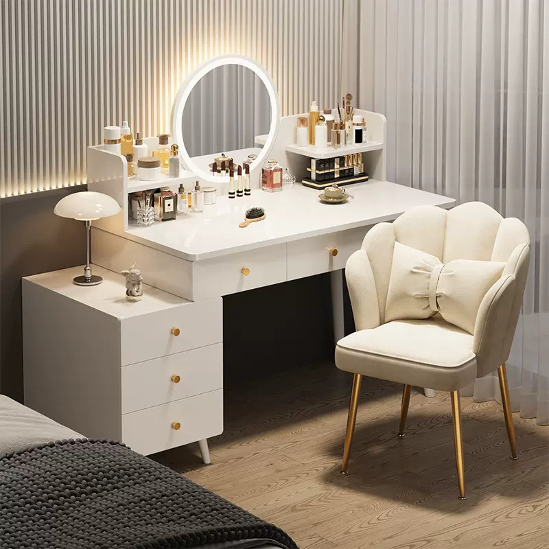 奶油风实木卧室梳妆台高级感现代简约可伸缩收纳斗柜一体化妆桌