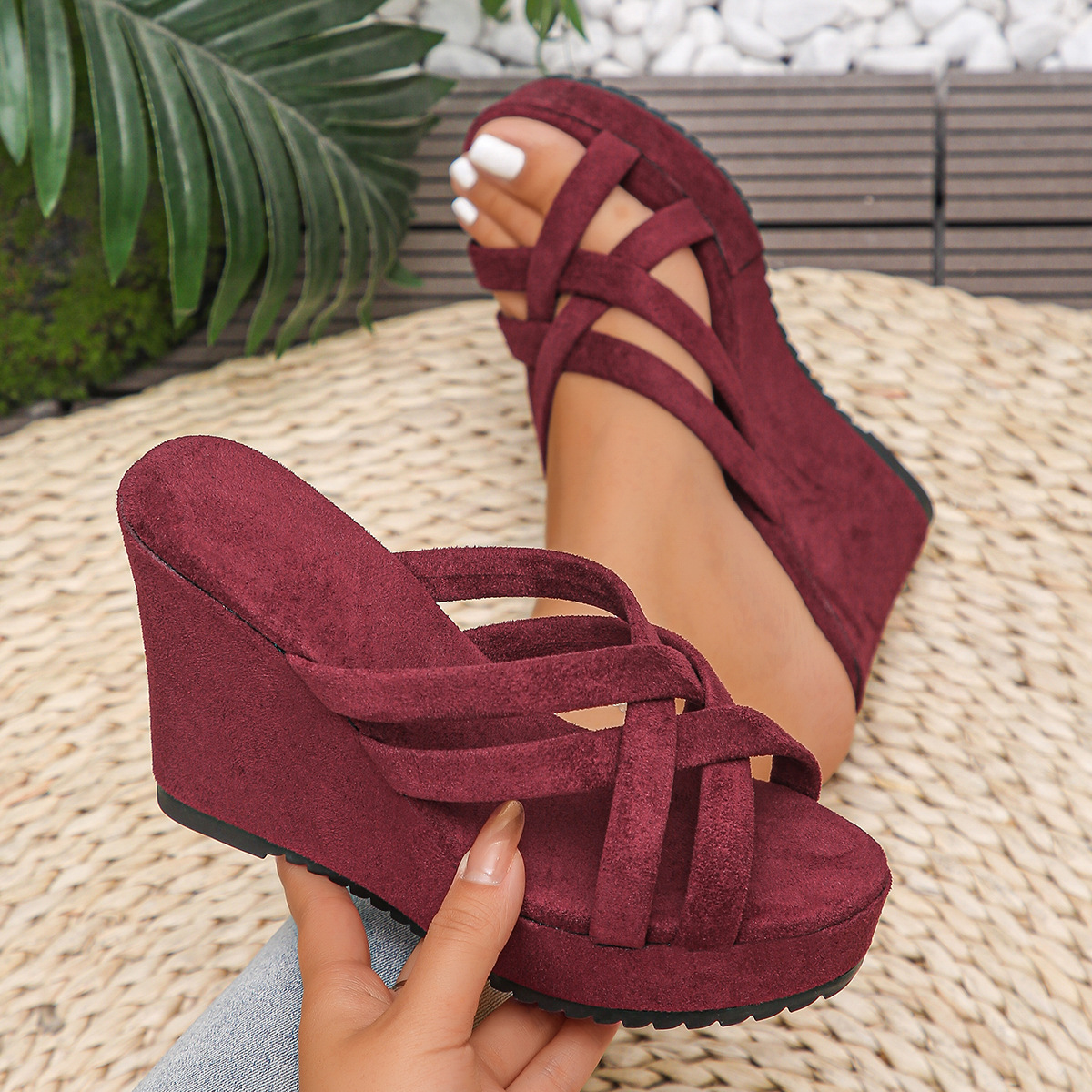 Women's Suede Wedge Sandals Peep Toe Woven Hollow out Thick Sole Platform plus Size Summer Slip-On Slippers_vogvips.com