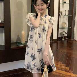 新中式国风晕染小飞袖连衣裙女夏季今年流行的漂亮盘扣上衣娃娃裙