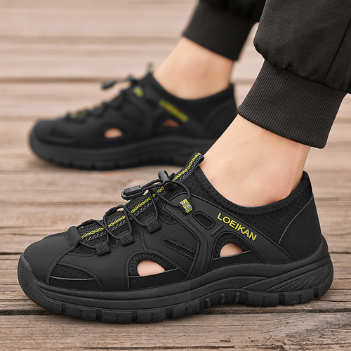 Men's Summer Outdoor Beach Sandals, Breathable Hollow-Out Thick-Soled Lace-Up Color-Block Injection-Molded Casual Shoes for Men
