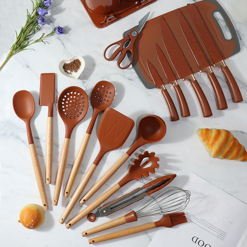 Silicone Pot Spatula Soup Spoon Set of 19, Non-stick Pan Silicone Spatula Gold-plated Knife Luxury Silicone Kitchenware Set Wholesale