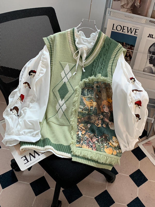 森系V领针织马甲女2025秋冬新款复古文艺重工油画刺绣毛衣背心潮|undefined
