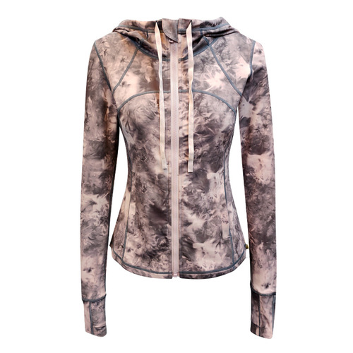 European and American fashion new temperament tie-dye printed hooded yoga jacket women's zipper cardigan sports fitness top
