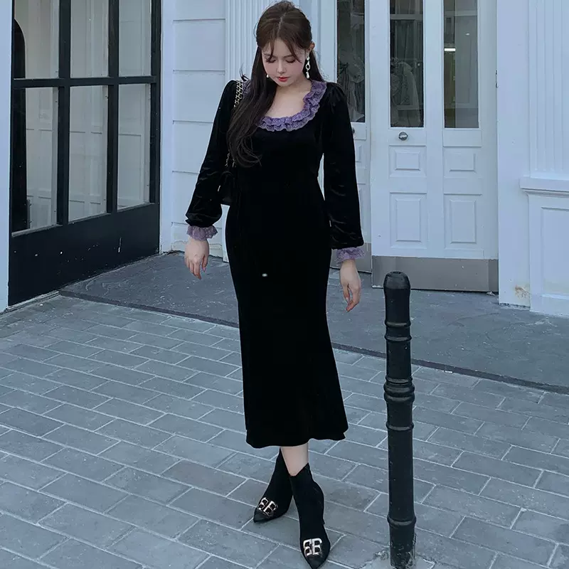 大码女装高级感法式复古蕾丝花边金丝绒包臀鱼尾连衣裙胖mm1993