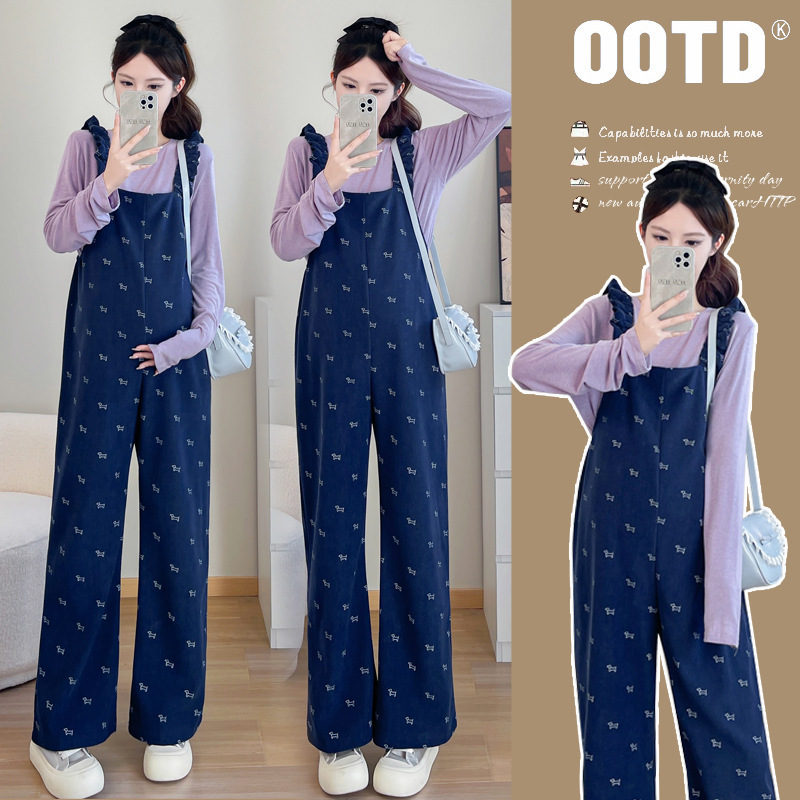 In-Stock Real Shot 2025 Spring Knitted T-Shirt + Dog Overalls Maternity Cute Fashion Two-Piece Set