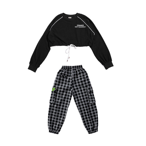 Children girls boys black with white plaid hip-hop street jazz dance costumes rapper singers gogo dancers stage performance outfits model show catwalk costumes