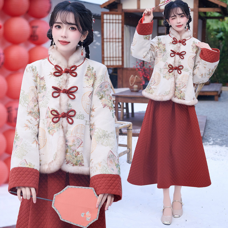 实拍新中式汉服开衫毛边立领盘扣印花加厚棉服国风改良半身裙套装
