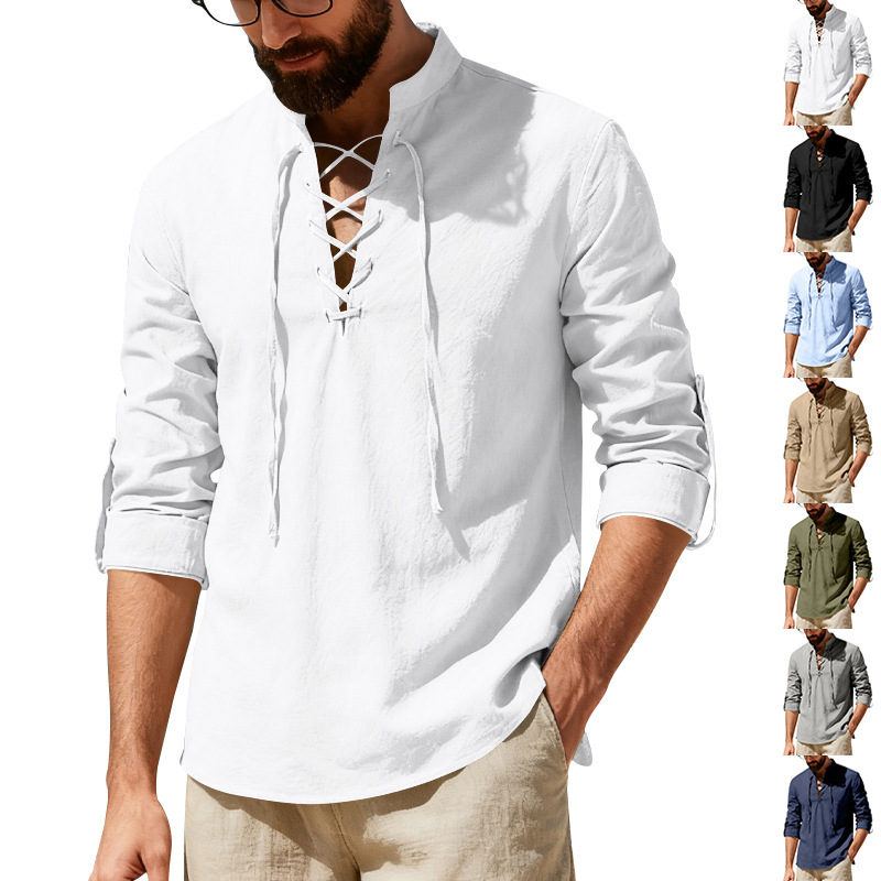 2026 Cross-Border Men's European and American Amazon Spring and Summer Linen Henley Shirt Long-Sleeve Casual Beach Tie-Neck Shirt 2026 Cross-Border Men's European and American Amazon Spring and Summer Linen Henley Shirt Long-Sleeve Casual Beach Tie-Neck Shirt