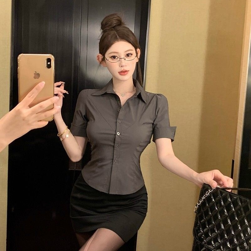 Elegant Gray Uniform for Women, Summer Style, Short-Sleeved Shirt, Hip-Hugging Skirt, Workwear Set Elegant Gray Uniform for Women, Summer Style, Short-Sleeved Shirt, Hip-Hugging Skirt, Workwear Set