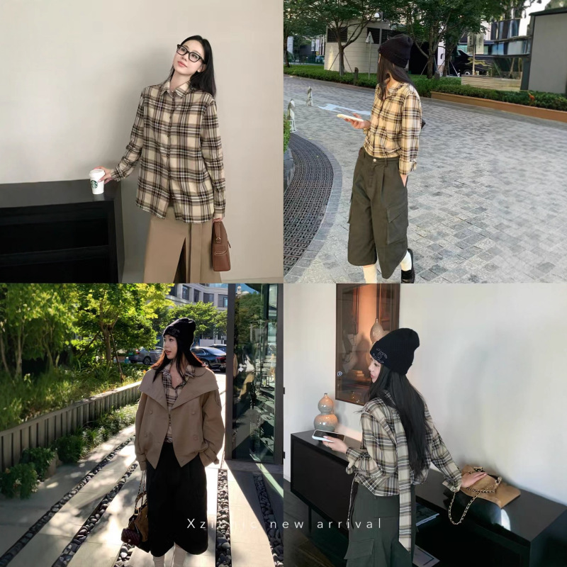 Xzichic英伦风格纹衬衫秋季新款面料长袖衬衣飘带上衣女|undefined