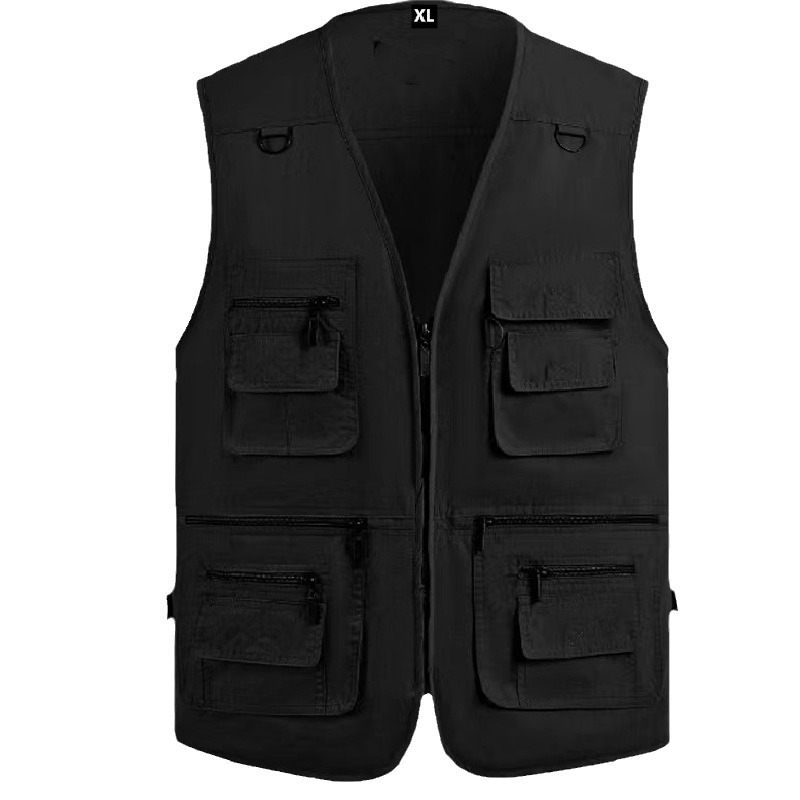 Negro delgado de verano comercio exterior chaleco de hombro de bolsillo para hombre fotografía logotipo de impresión personalizado al aire libre
