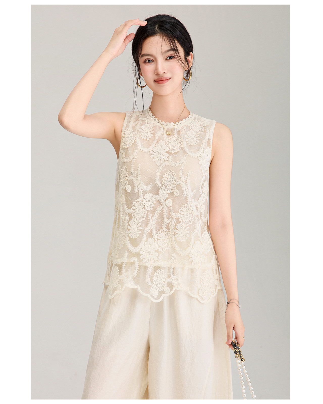 Áo hai dây ren thêu sequin cổ tây không tay mùa hè — màu mơ chi tiết 7