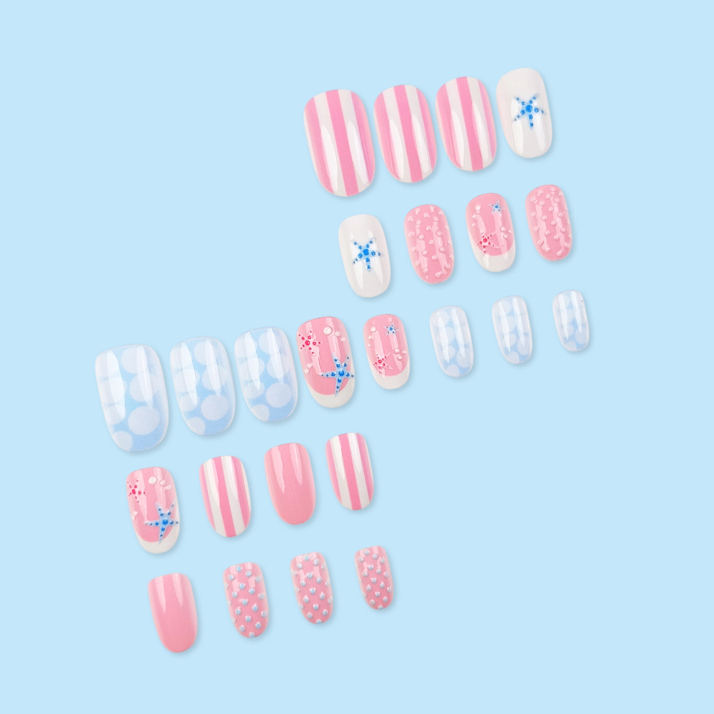 Verano estereoscópico estrellas de mar francesas 24 piezas rosa azul ondulado punto rayas manicure comercio exterior parches de uñas al por mayor