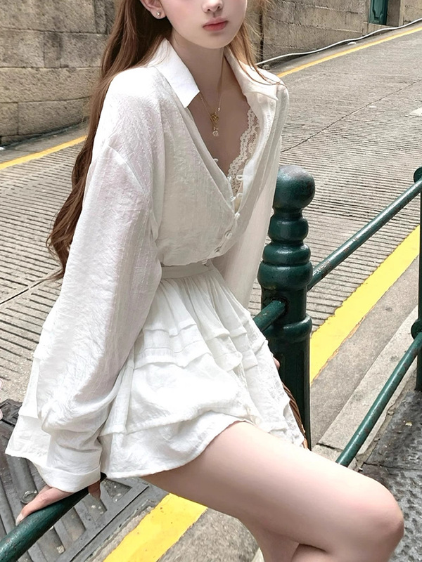 Azure Evening Breeze Two-Color Tencel Sunscreen Shirt Lace Skirt Suit Lace Corset Summer