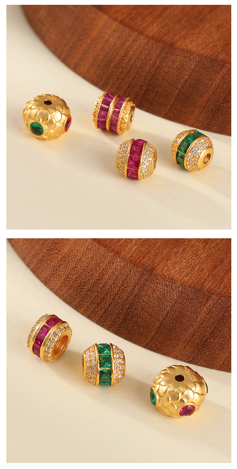 925 Silver Gold-Plated Crystal Micro-Inlaid Zircon Fortune Beads Spacer Beads Bracelet Loose Beads Handmade DIY Jewelry Accessories