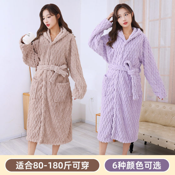 Autumn and winter cloud Plaid home couple pajamas women's wearable loose bath towel coral fleece thickened long sleeve bathrobe