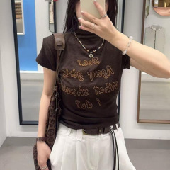 十三行美式字母印花半高领短袖T恤女装修身上衣2025早秋新款打底