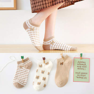 2021新品船襪 女 日系溫馨小熊系列女襪200針棉質短筒棉襪子批發