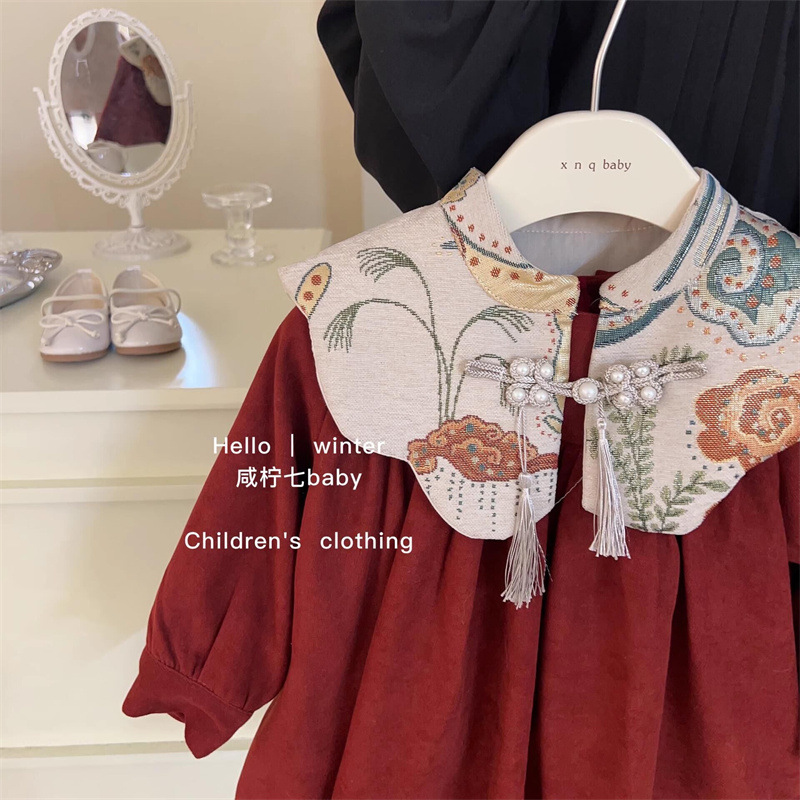 Niñas invierno bordado vestido de hombro nublado vestido de Año Nuevo vestido rojo vestido de Año Nuevo chino vestido de princesa infantil