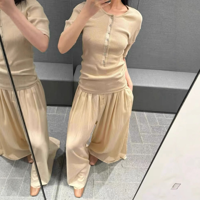 Lem 26Ss New Summer Style Ribbed Knit Slim-Fit T-Shirt with Irregular Tie Design, High-End Feel